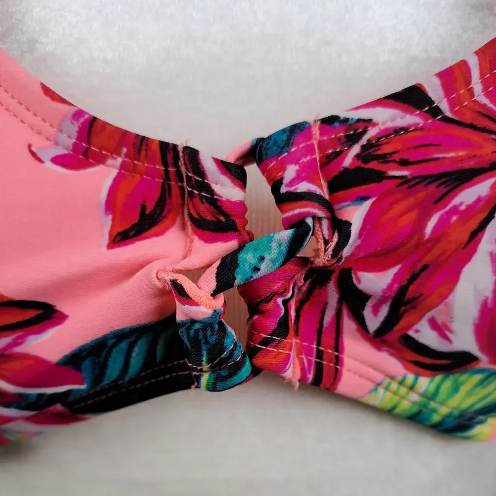 Xhilaration Bikini Swim Top Womens S Coral Orange Tropical Floral Removable Pads